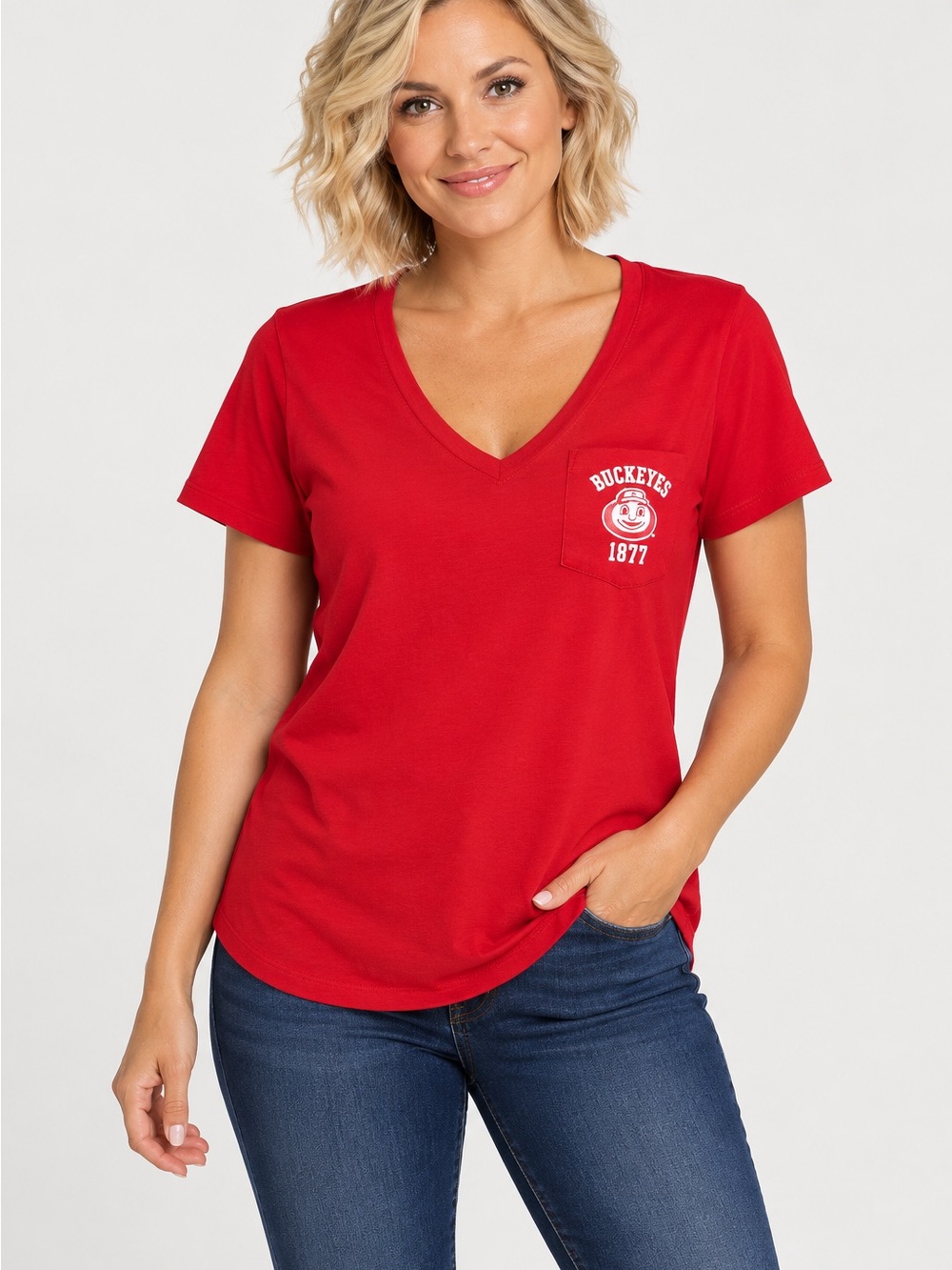 PINK Victoria's Secret Red V-Neck Pocket Tee with Buckeyes Graphic